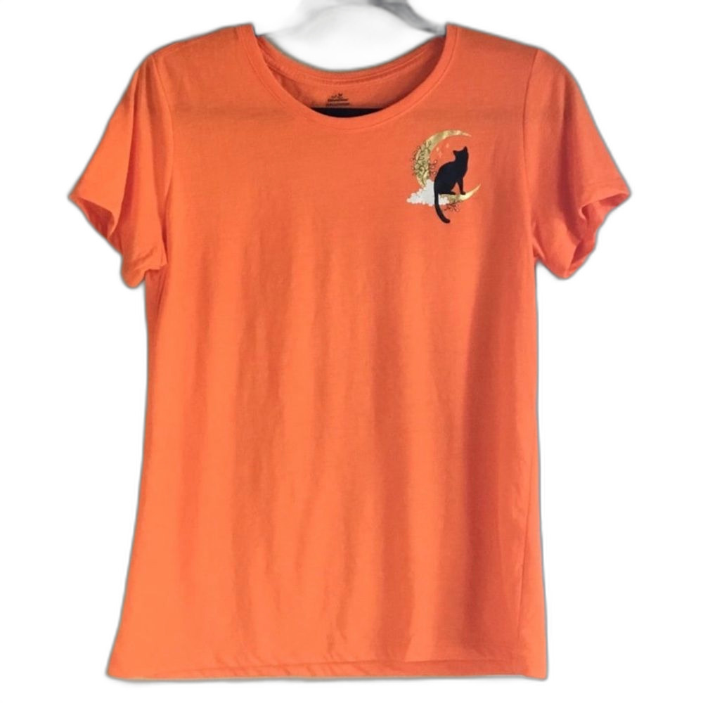 NWOT Orange Halloween tee with black cat on a moon witchcore witchy S